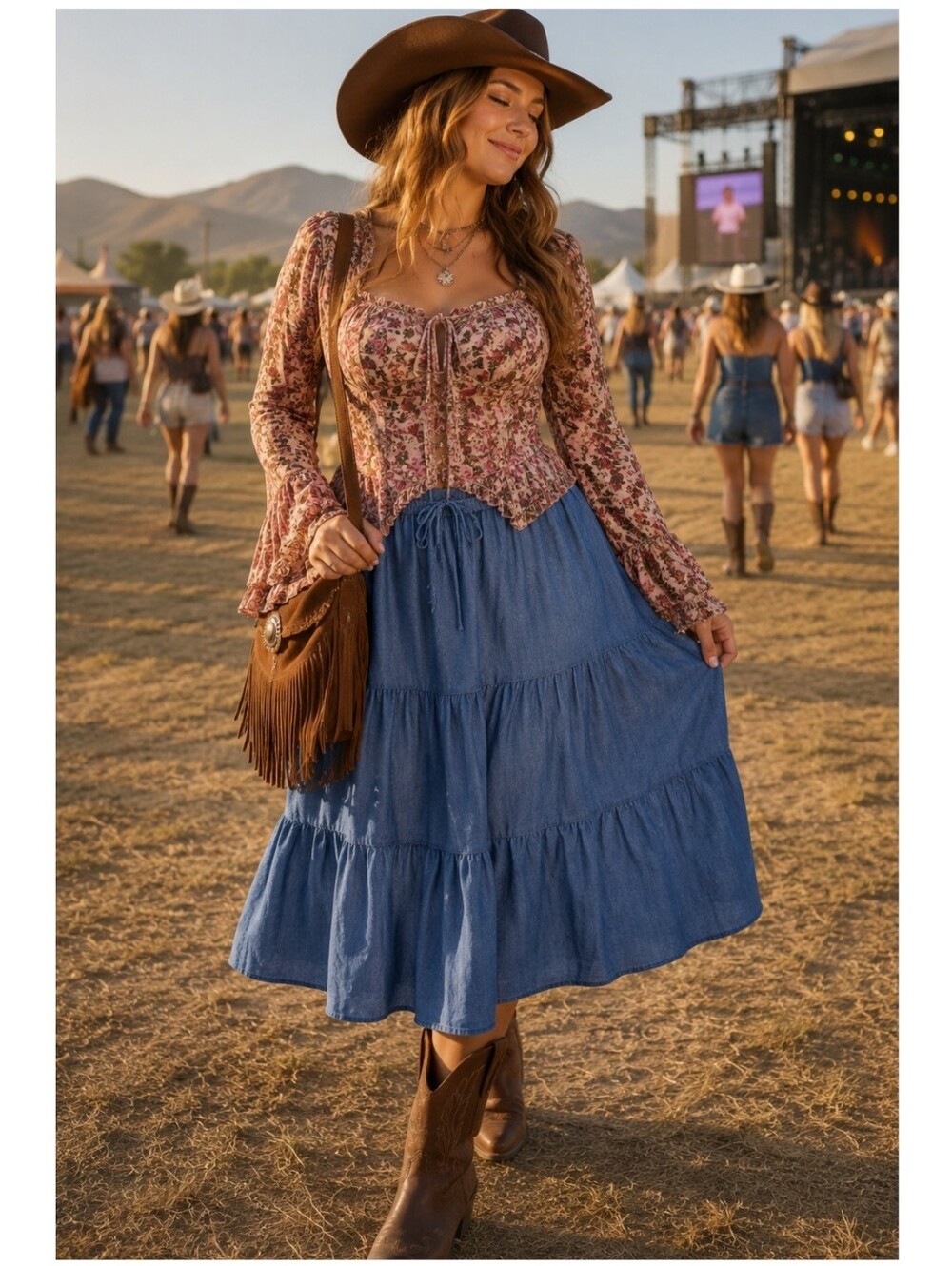 Mlle Gabrielle Large Blue Tiered Chambray Midi Skirt Elastic Waist Boho